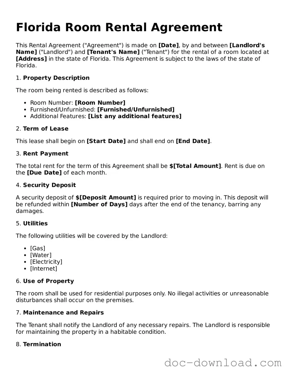 Blank  Room Rental Agreement Document for Florida