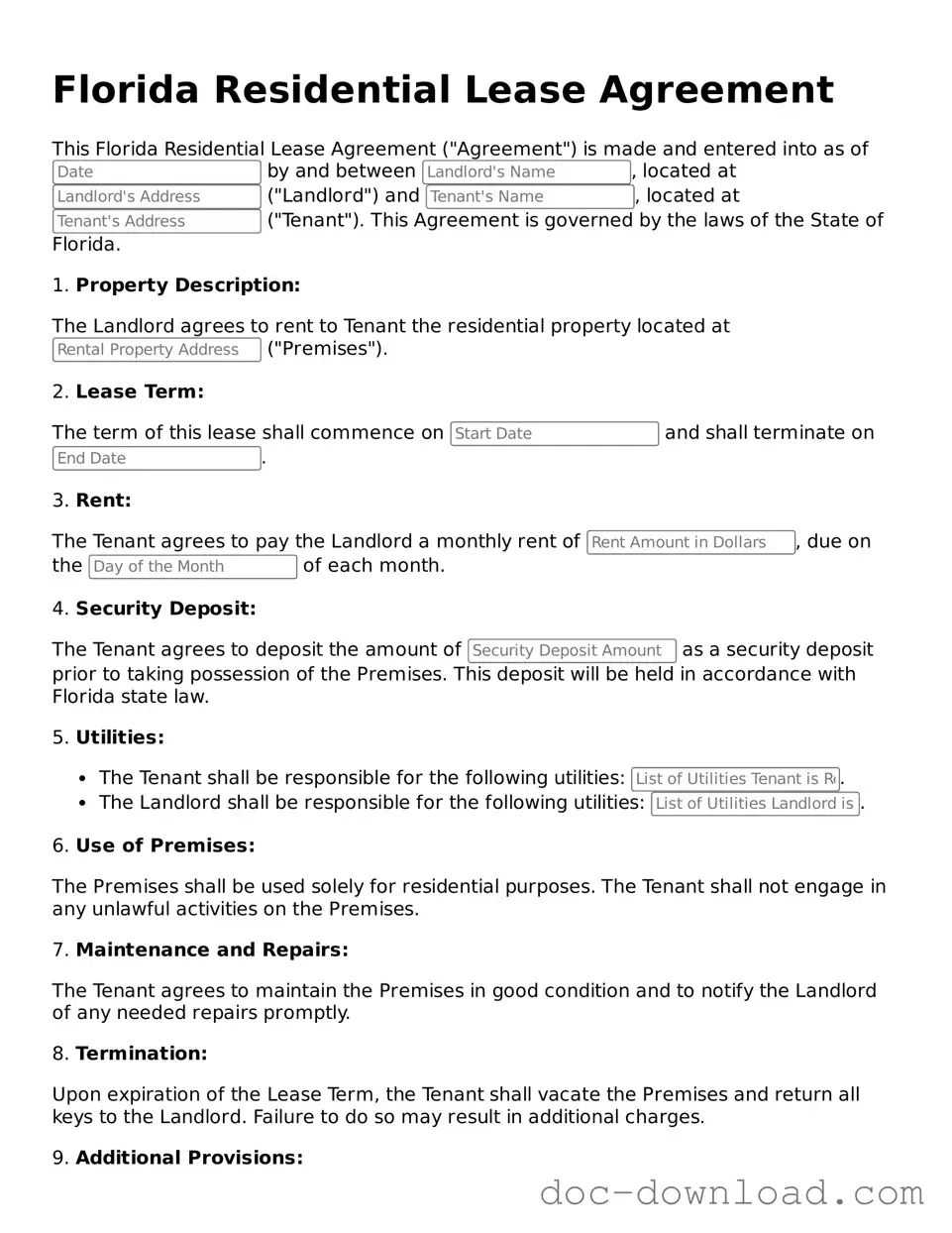 Blank  Residential Lease Agreement Document for Florida