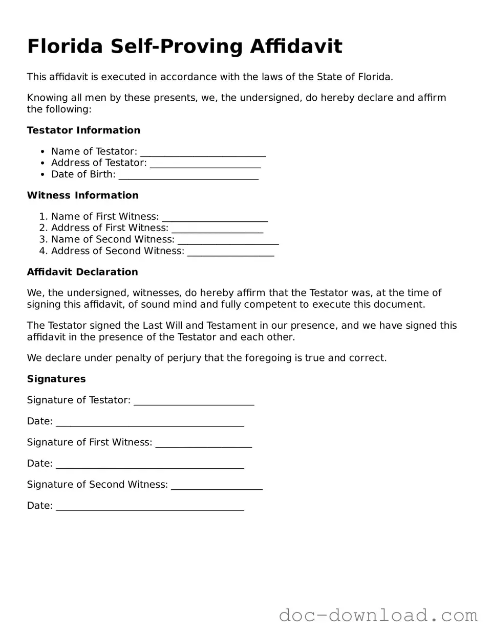 Blank  Self-Proving Affidavit Document for Florida