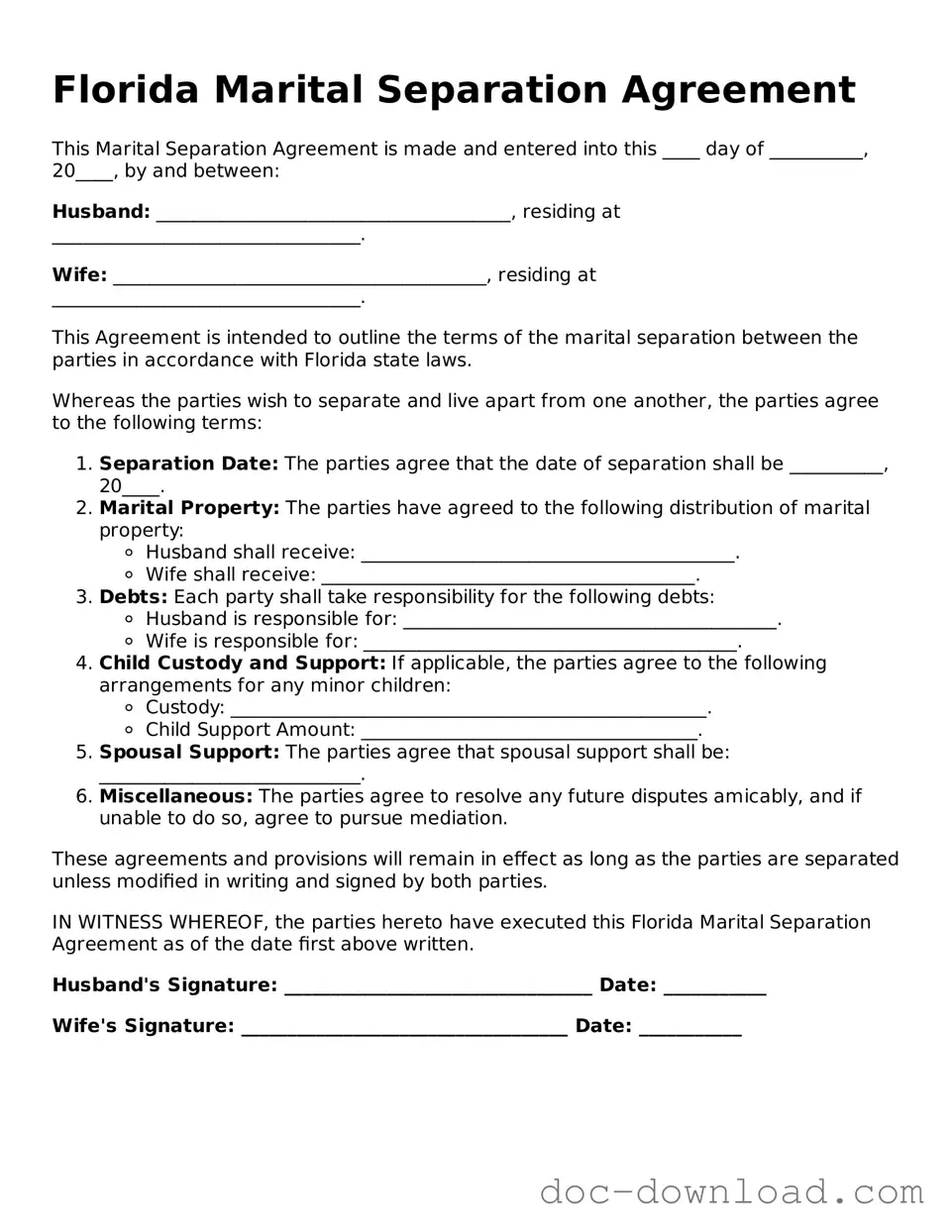 Blank  Marital Separation Agreement Document for Florida
