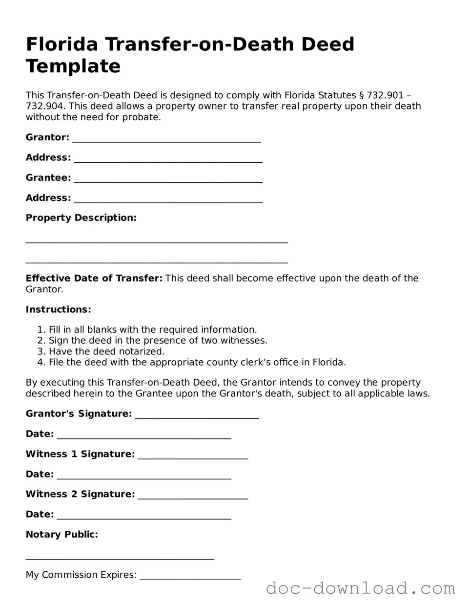 Blank  Transfer-on-Death Deed Document for Florida
