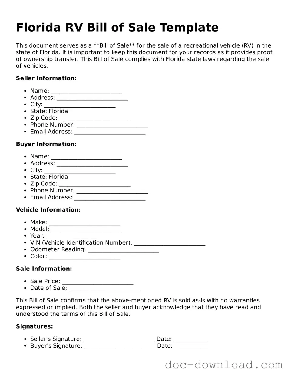 Blank  RV Bill of Sale Document for Florida