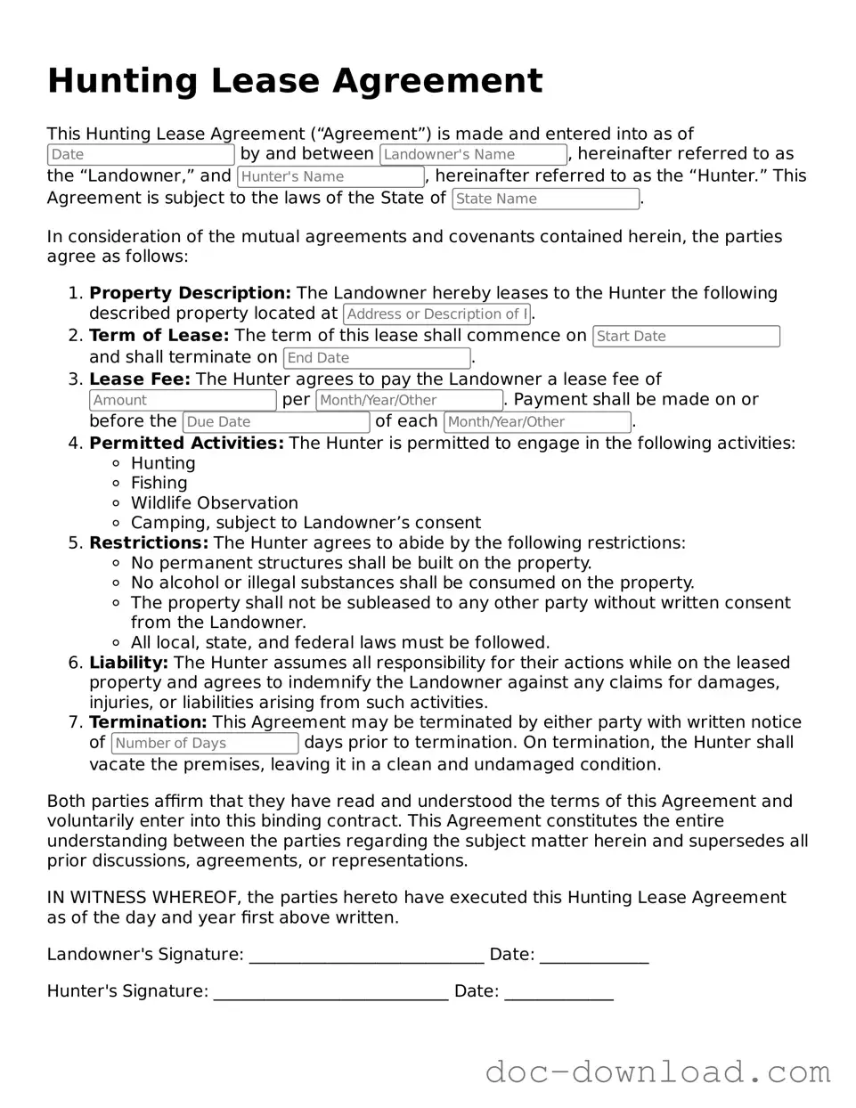 Printable Hunting Lease Agreement Template