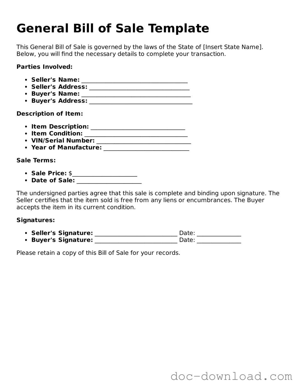 Printable General Bill of Sale Template