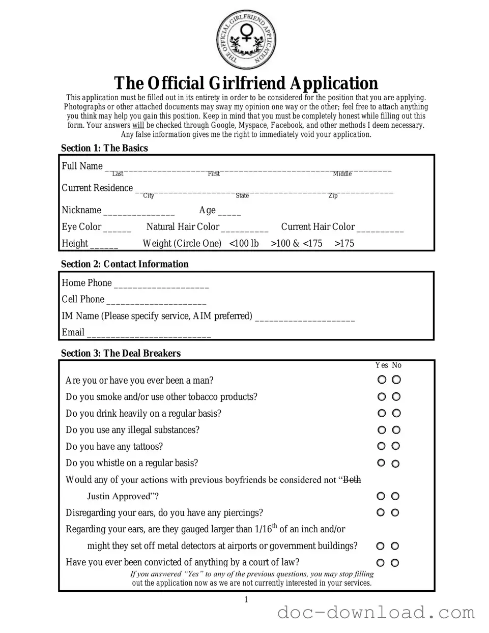 Fill Out Your Girlfriend Application Template