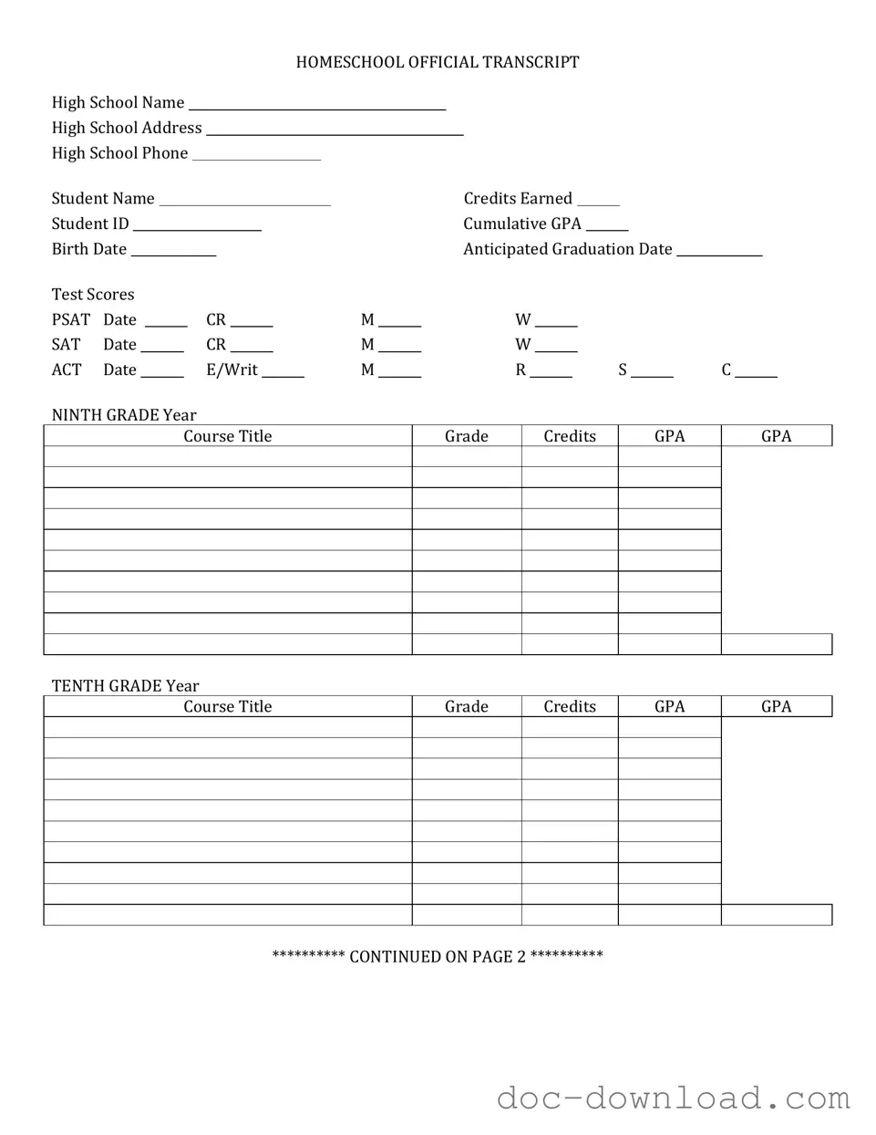 Fill Out Your High School Transcript Template