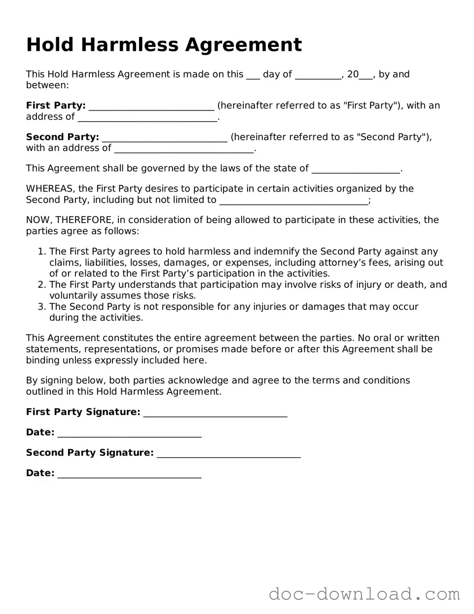 Printable Hold Harmless Agreement Template