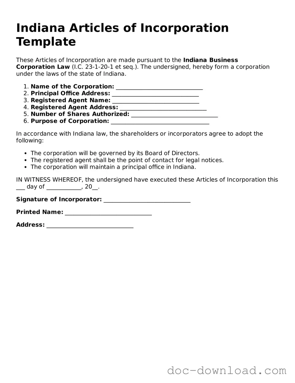 Blank  Articles of Incorporation Document for Indiana