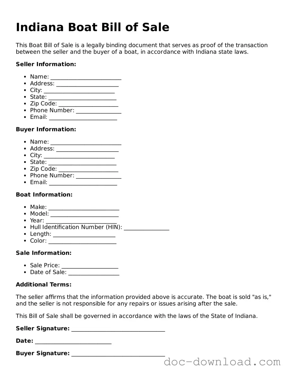 Blank  Boat Bill of Sale Document for Indiana