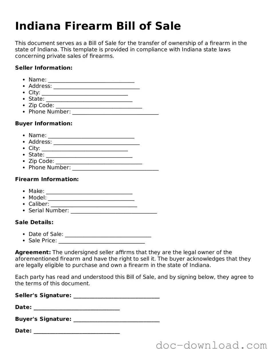 Blank  Firearm Bill of Sale Document for Indiana
