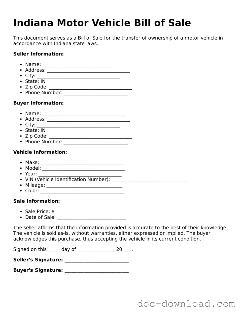 Blank  Motor Vehicle Bill of Sale Document for Indiana