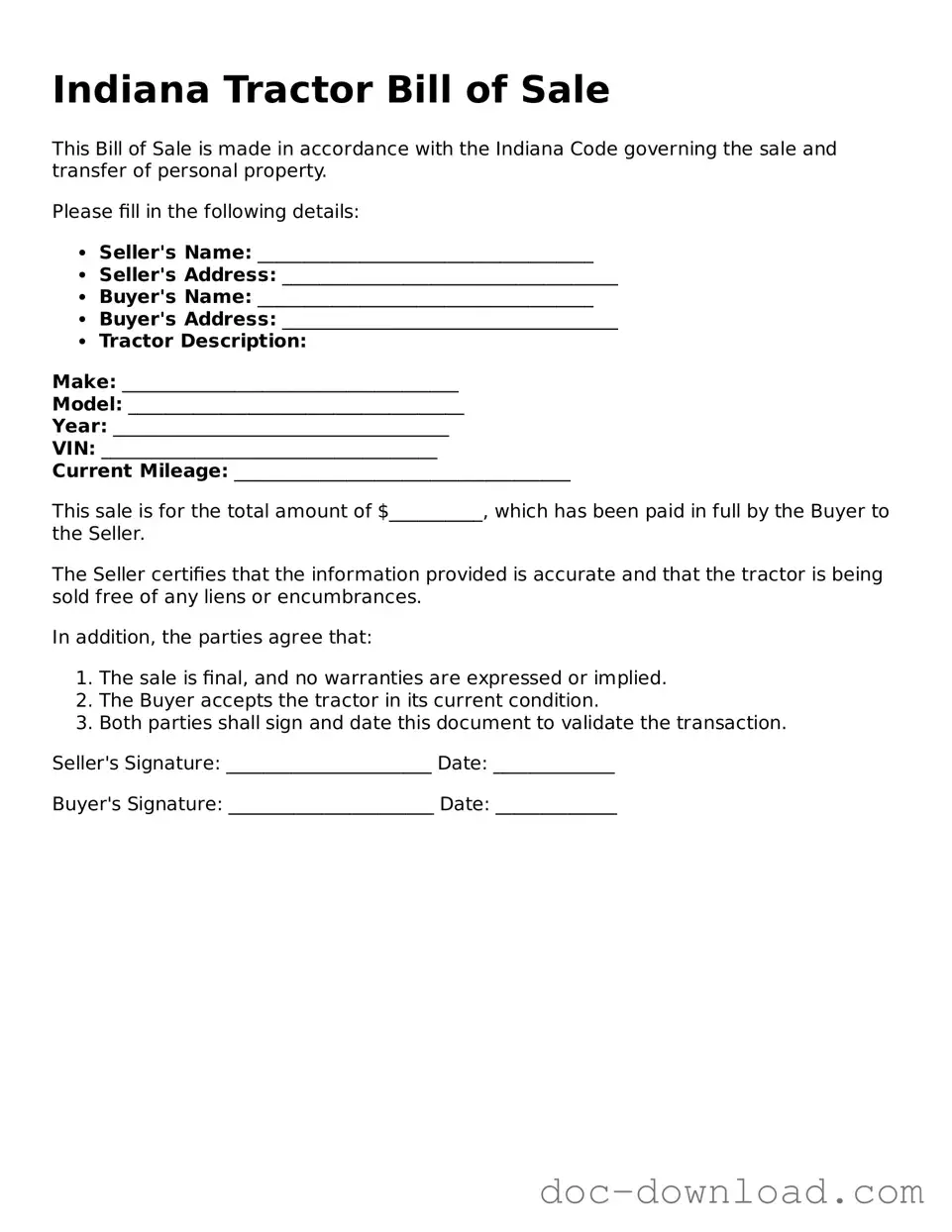 Blank  Tractor Bill of Sale Document for Indiana