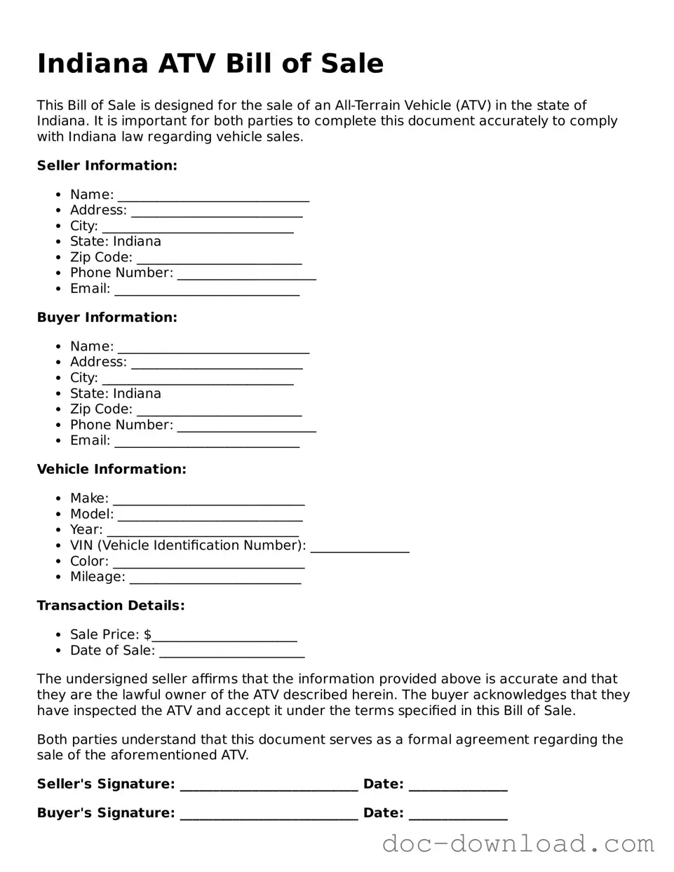 Blank  ATV Bill of Sale Document for Indiana