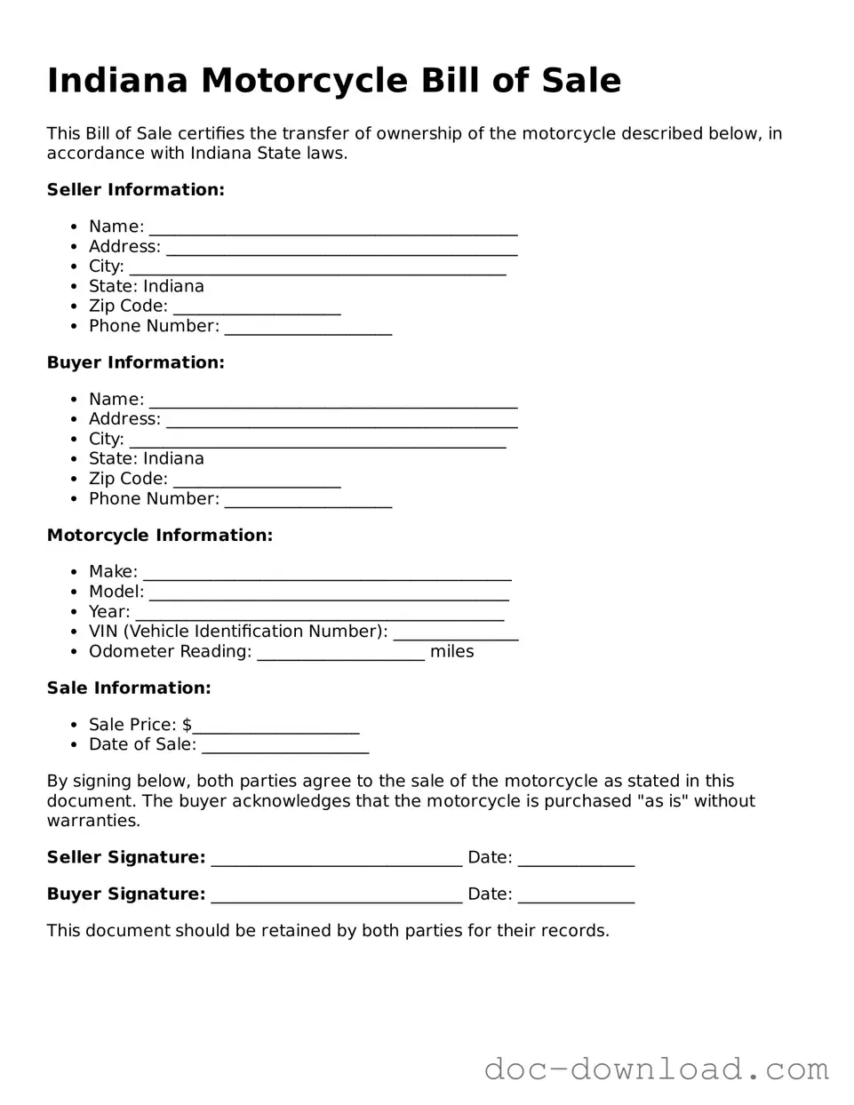 Blank  Motorcycle Bill of Sale Document for Indiana