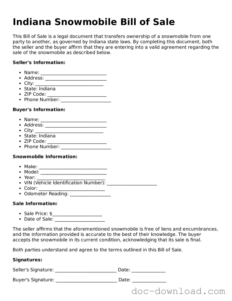 Blank  Snowmobile Bill of Sale Document for Indiana