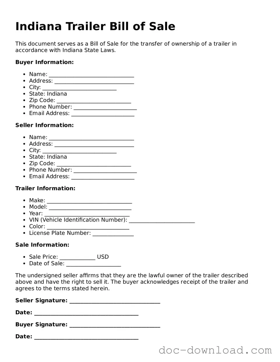 Blank  Trailer Bill of Sale Document for Indiana