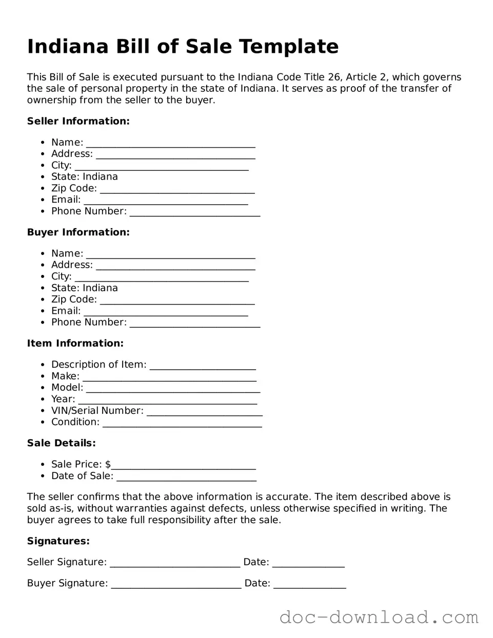 Blank  Bill of Sale Document for Indiana
