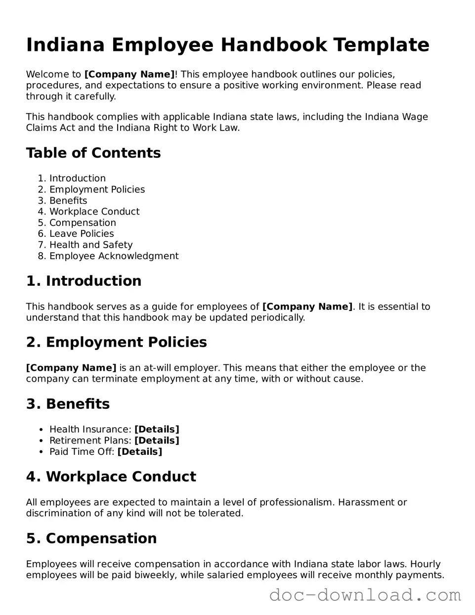 Blank  Employee Handbook Document for Indiana