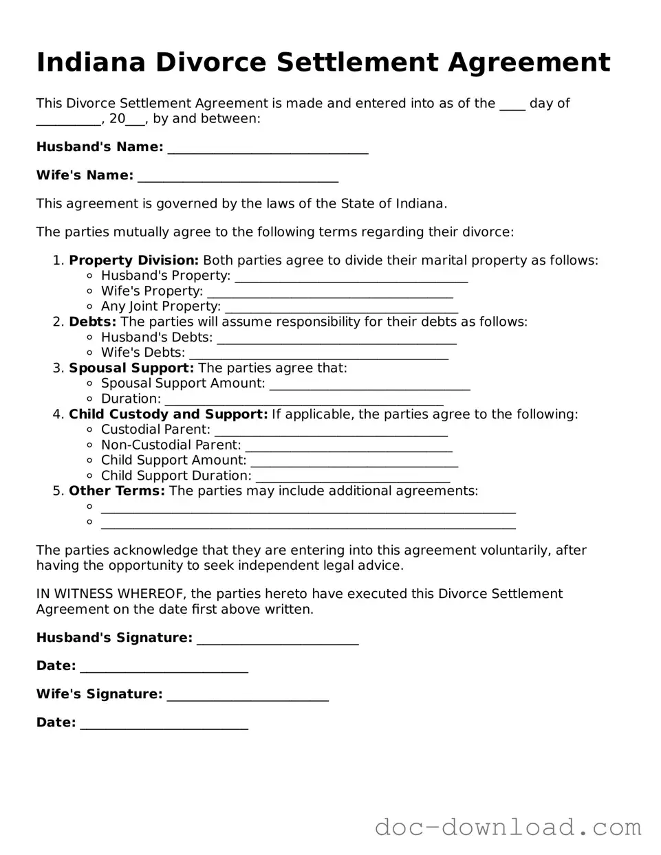 Blank  Divorce Settlement Agreement Document for Indiana