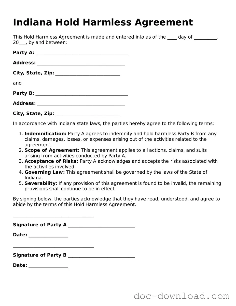 Blank  Hold Harmless Agreement Document for Indiana