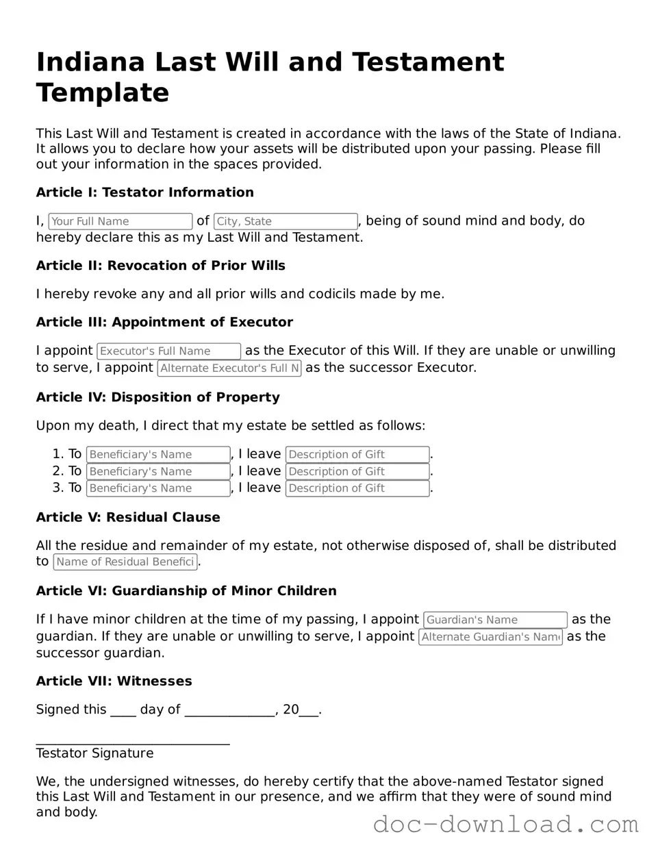 Blank  Last Will and Testament Document for Indiana
