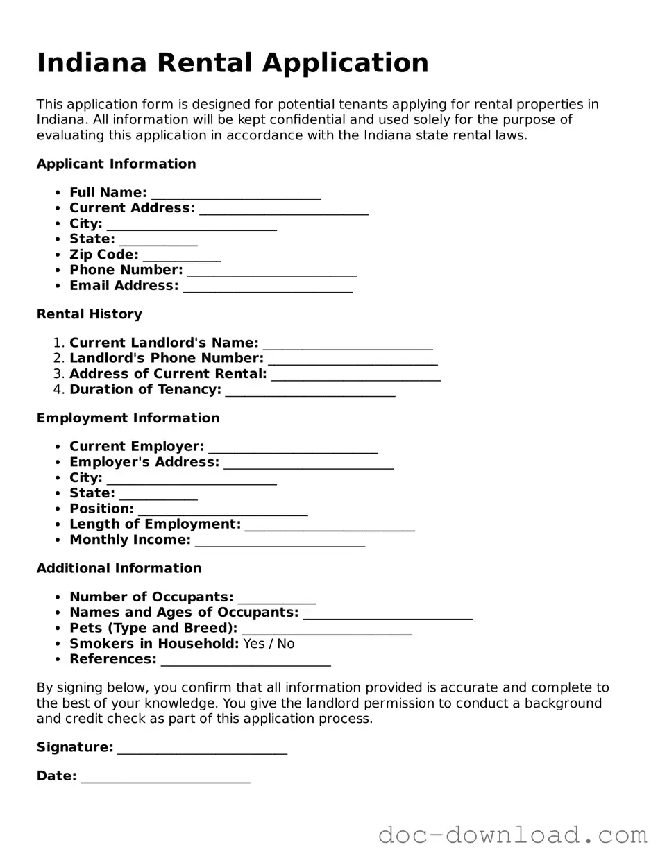 Blank  Rental Application Document for Indiana