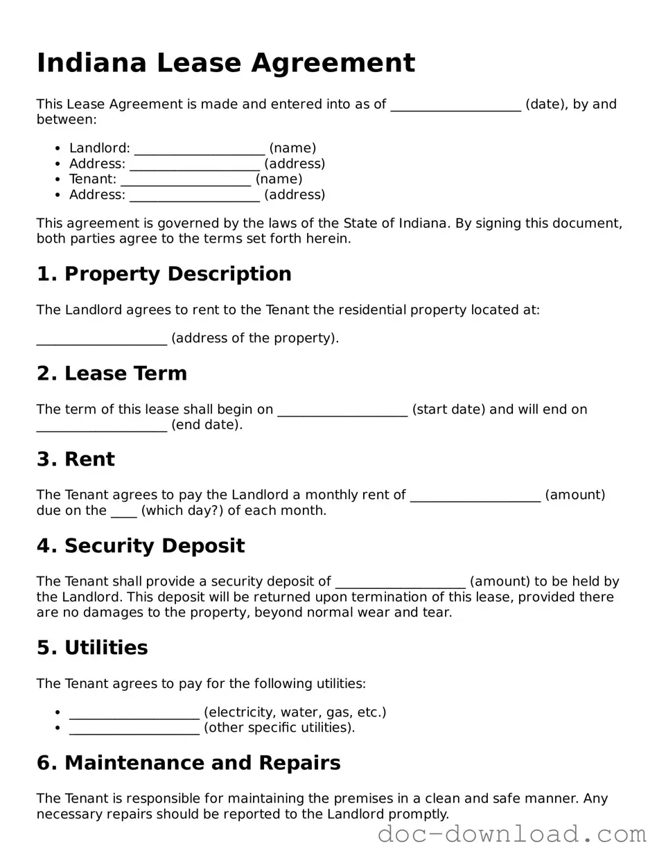 Blank  Lease Agreement Document for Indiana