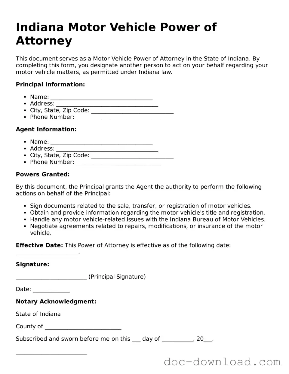 Blank  Motor Vehicle Power of Attorney Document for Indiana