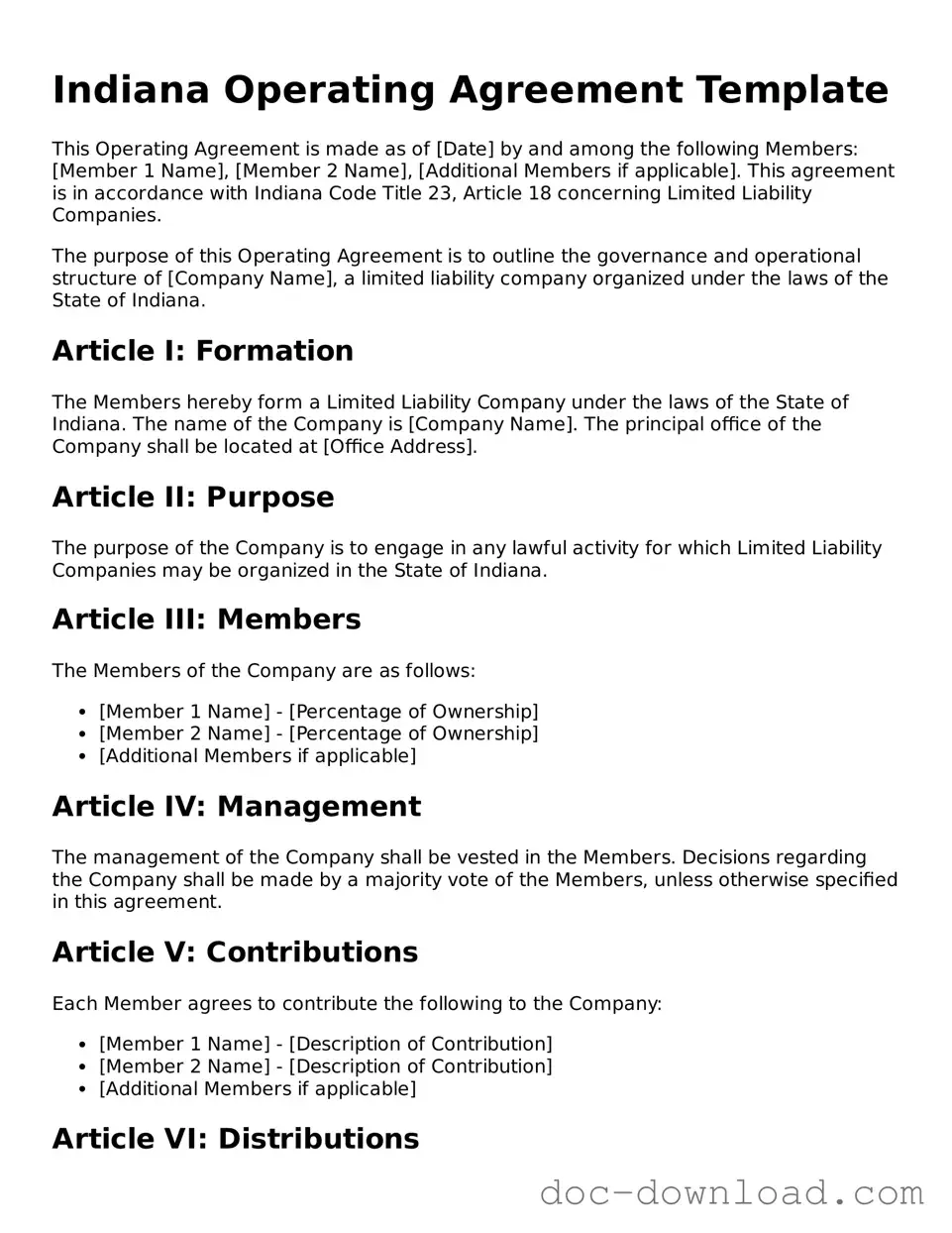 Blank  Operating Agreement Document for Indiana