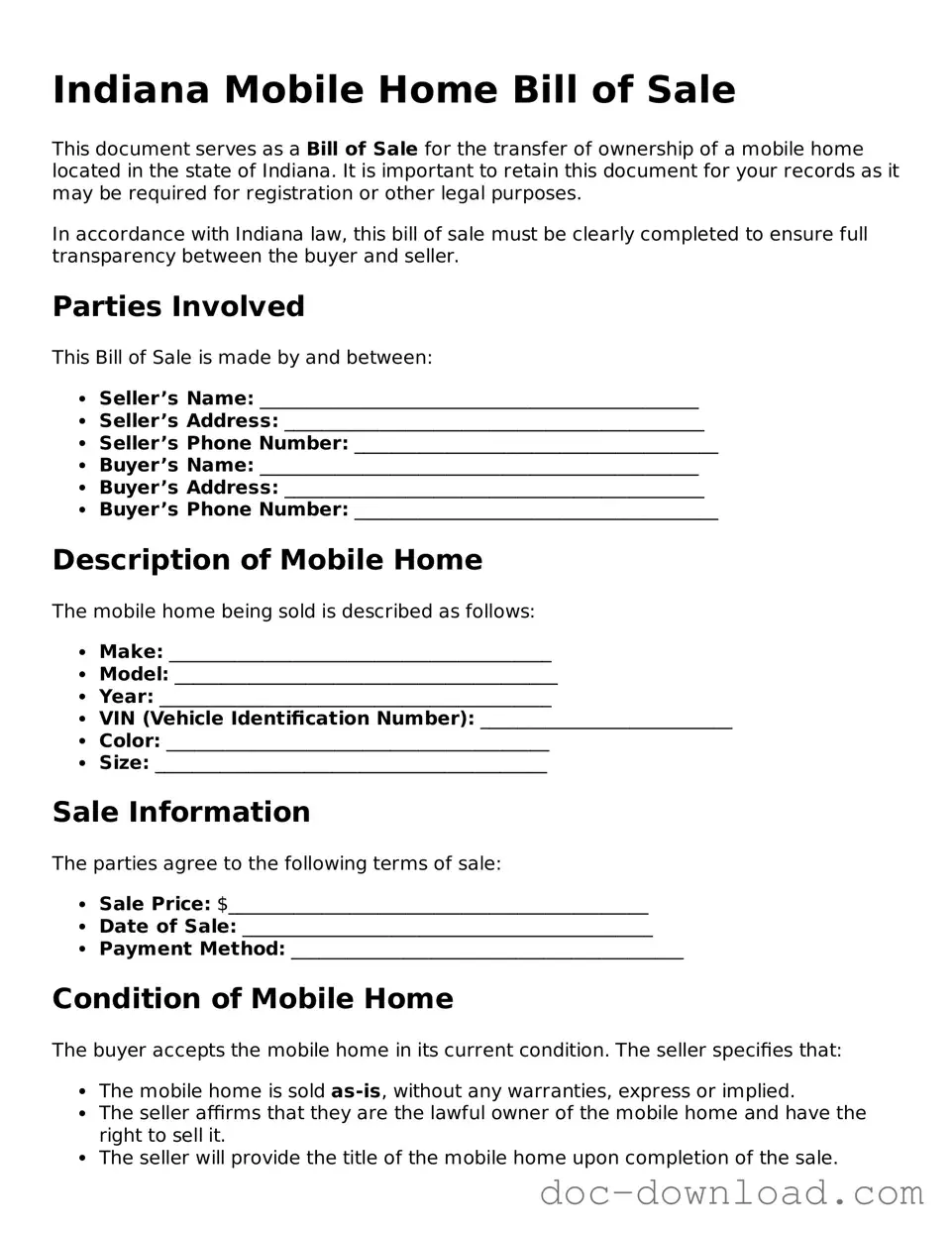 Blank  Mobile Home Bill of Sale Document for Indiana