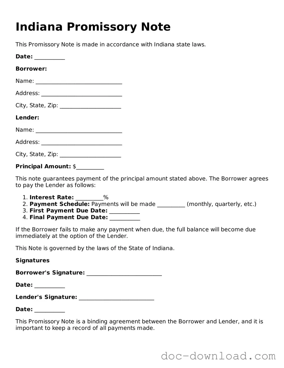 Blank  Promissory Note Document for Indiana