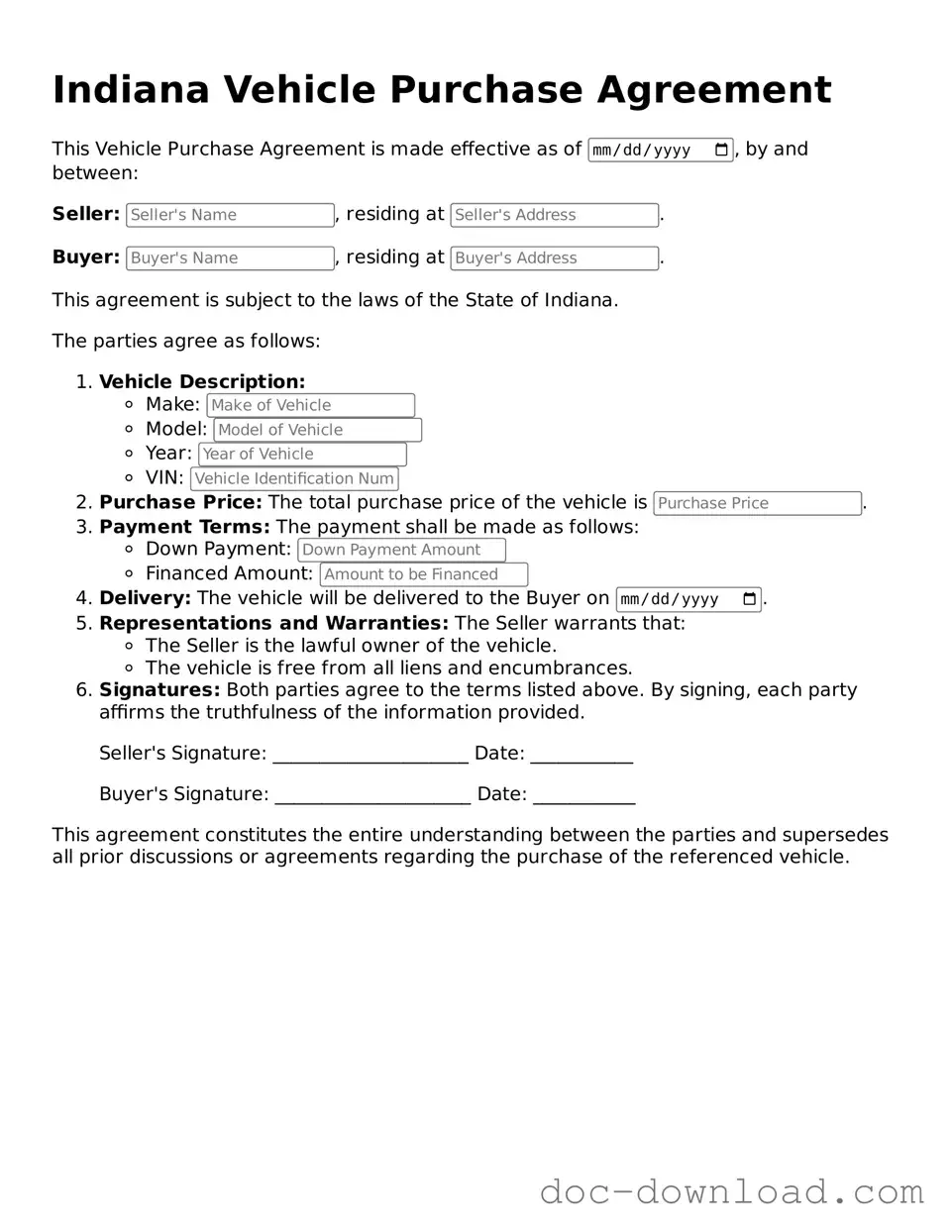 Blank  Vehicle Purchase Agreement Document for Indiana