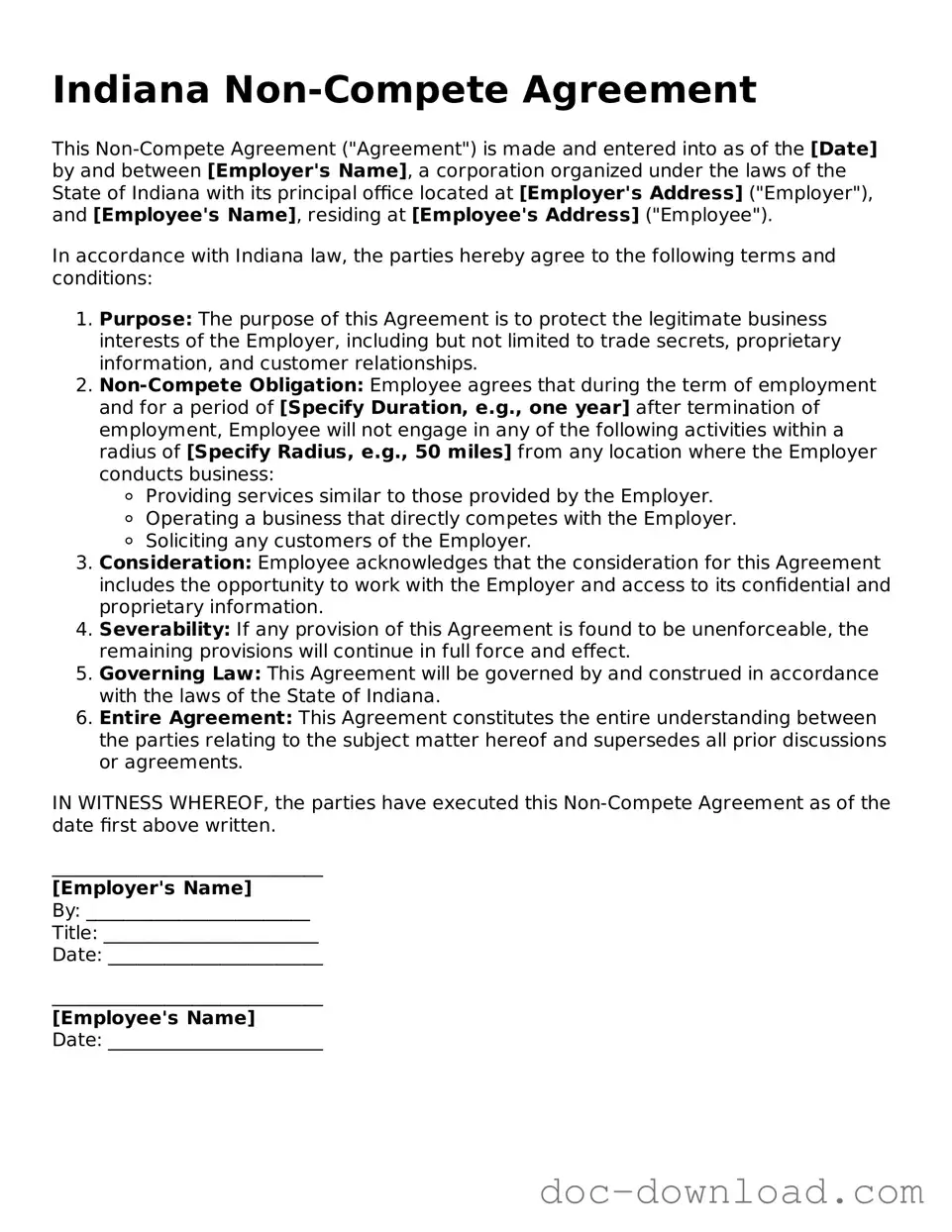 Blank  Non-compete Agreement Document for Indiana