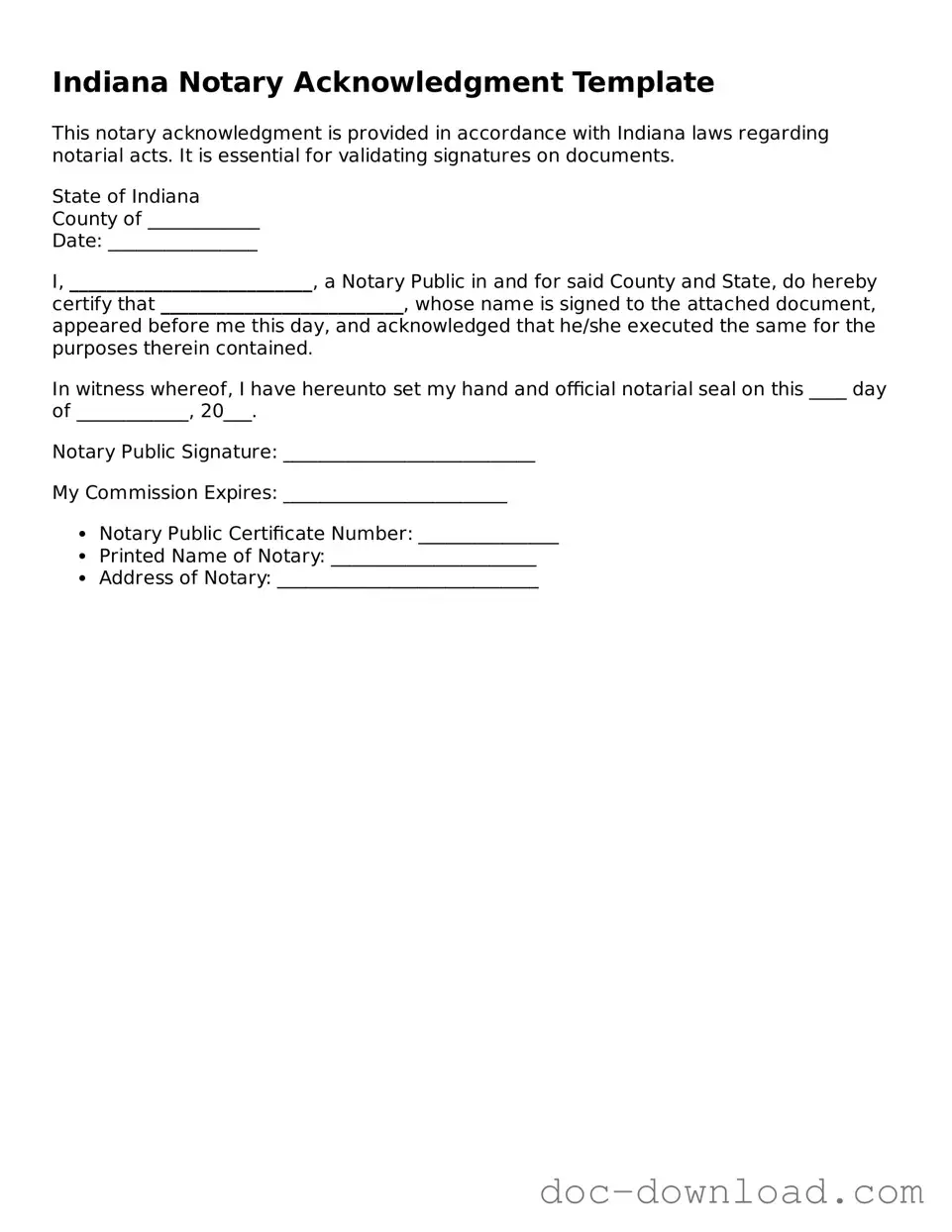Blank Notary Acknowledgement Document for Indiana