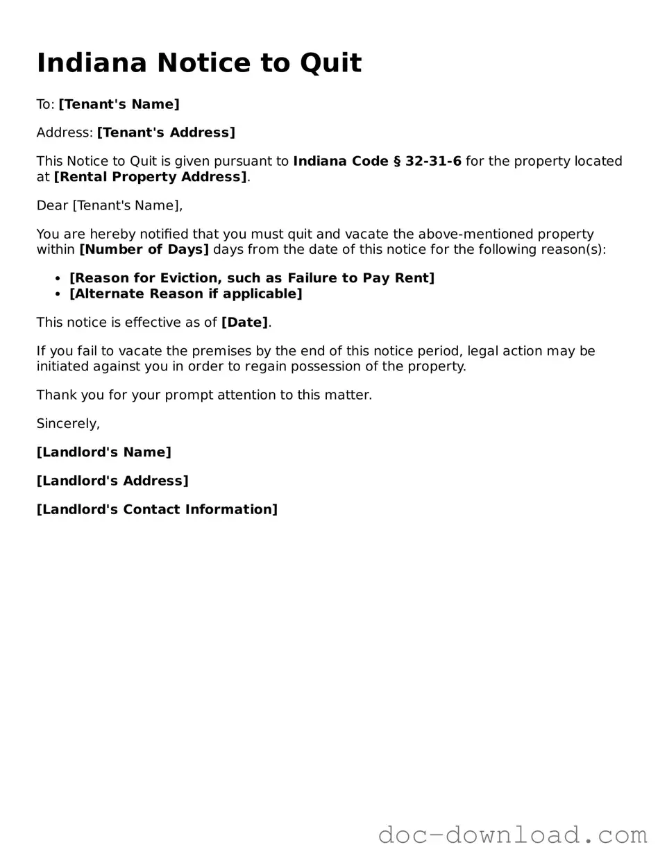 Blank Notice to Quit Document for Indiana