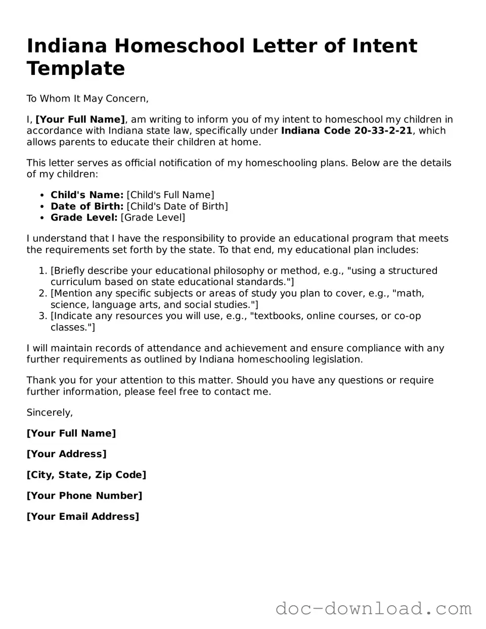 Blank  Homeschool Letter of Intent Document for Indiana