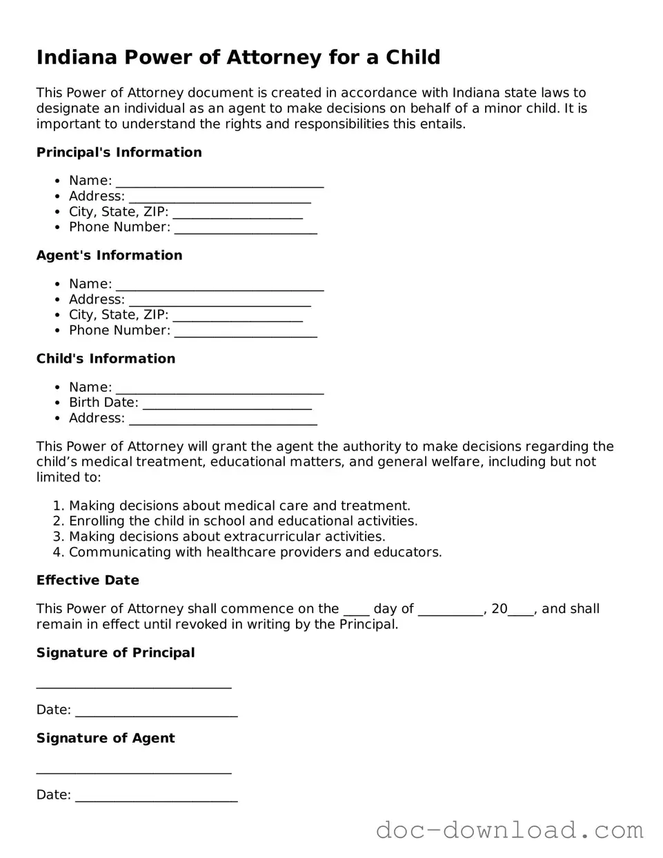 Blank  Power of Attorney for a Child Document for Indiana