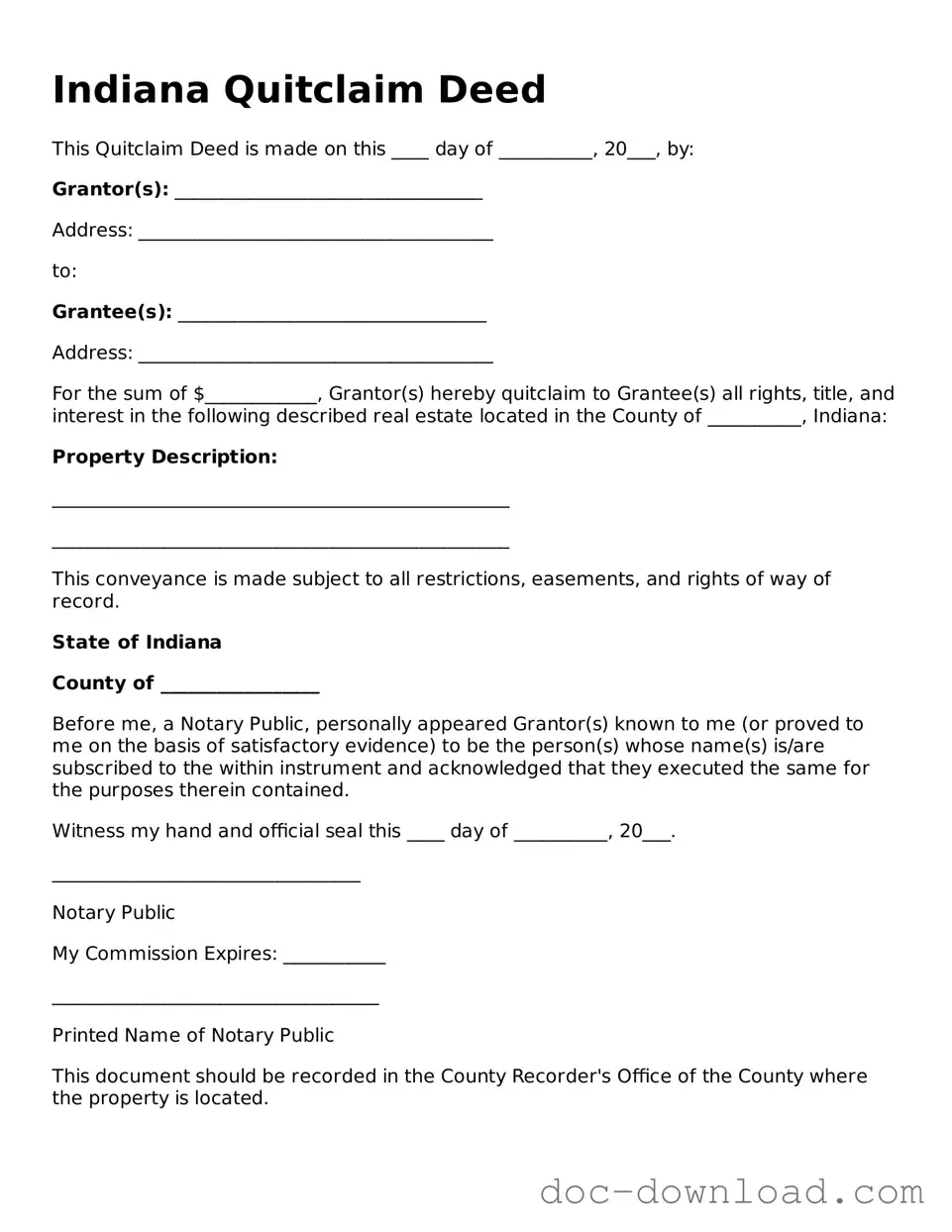 Blank  Quitclaim Deed Document for Indiana