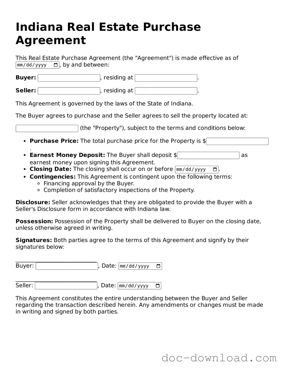Blank Real Estate Purchase Agreement Document for Indiana