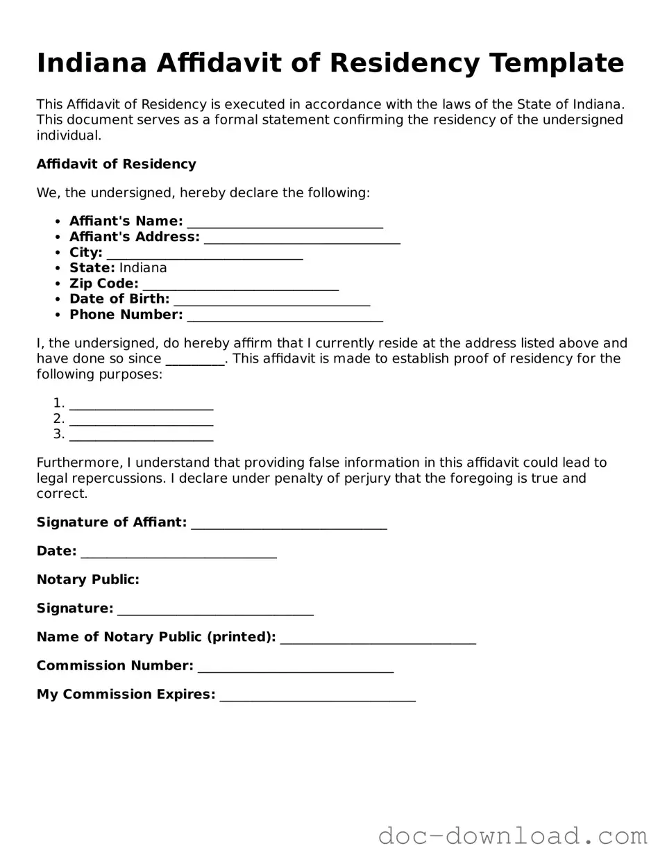 Blank  Affidavit of Residency Document for Indiana