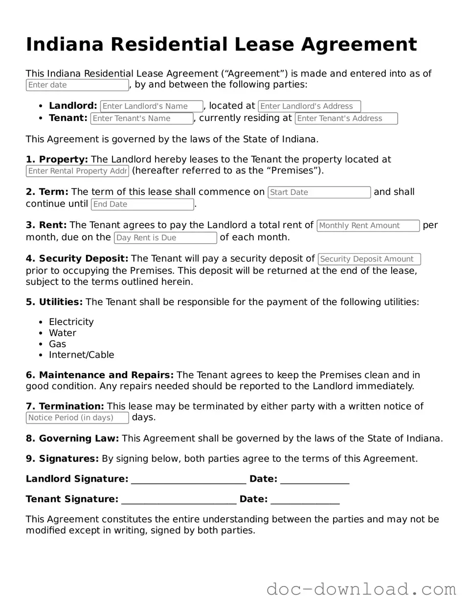Blank Residential Lease Agreement Document for Indiana