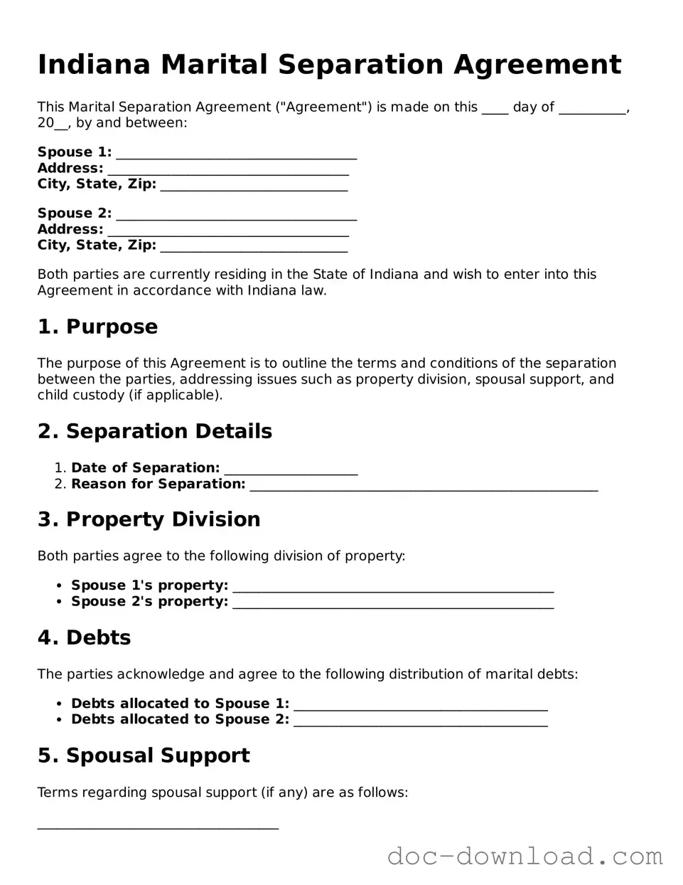 Blank  Marital Separation Agreement Document for Indiana
