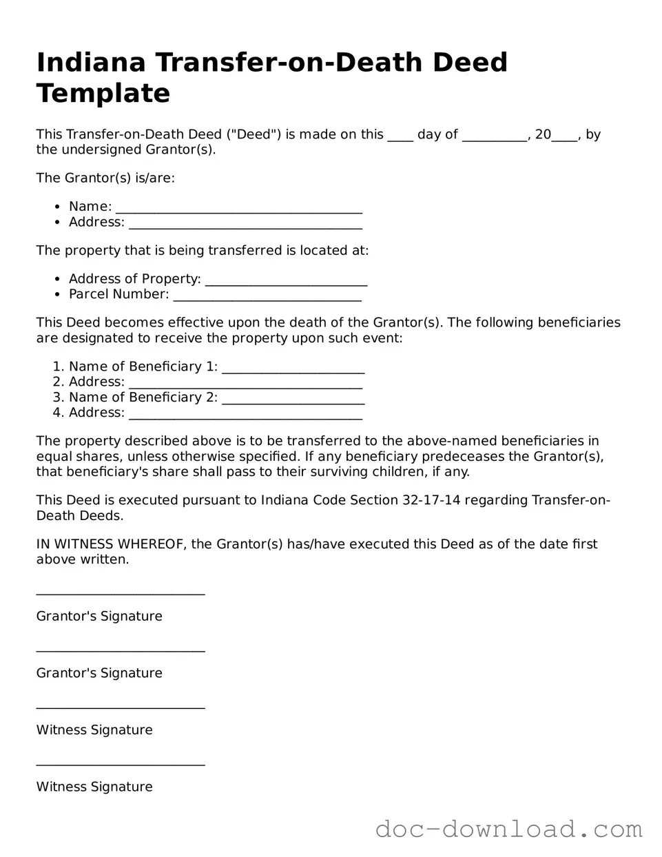 Blank  Transfer-on-Death Deed Document for Indiana