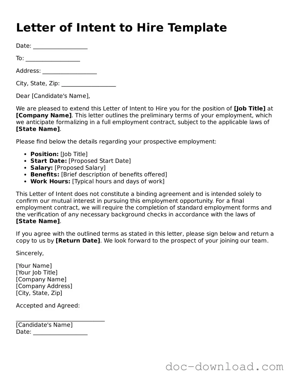 Printable Letter of Intent to Hire Template