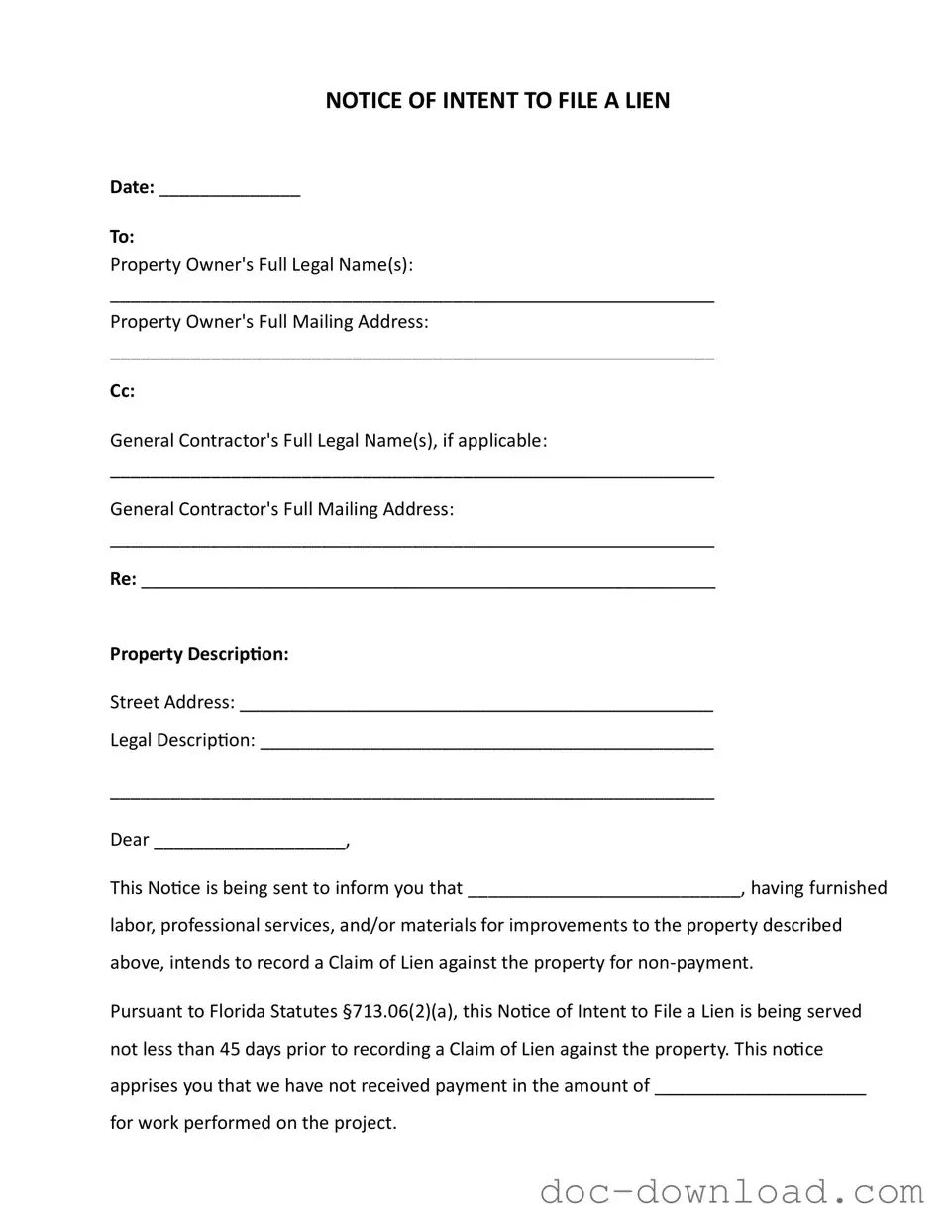 Fill Out Your Intent To Lien Florida Template