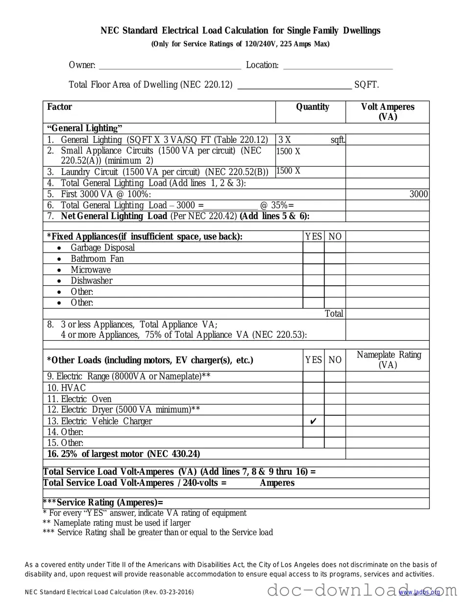 Fill Out Your LADBS NEC Standard Electrical Load Calculation Template
