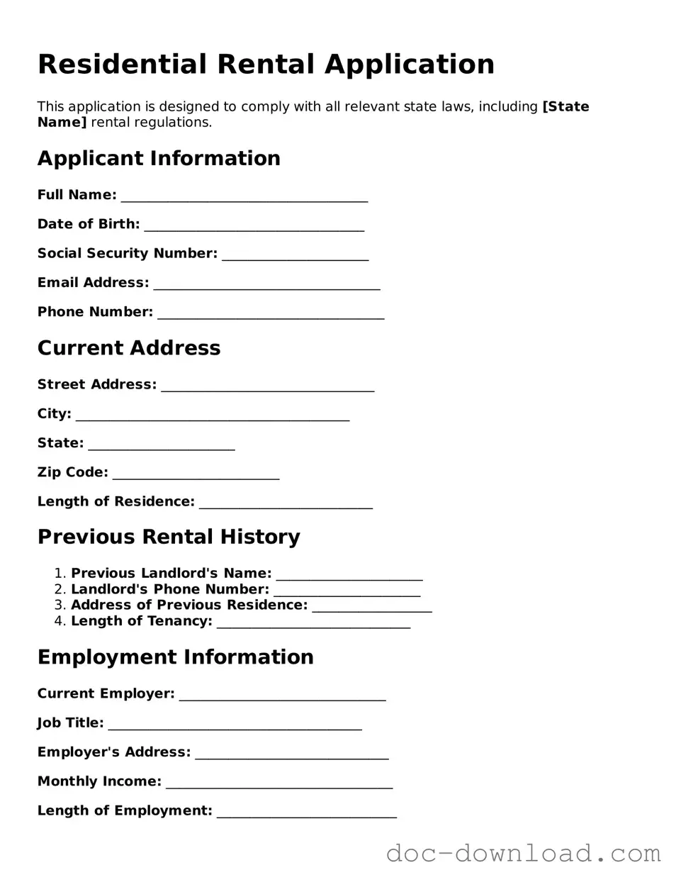 Printable Rental Application Template