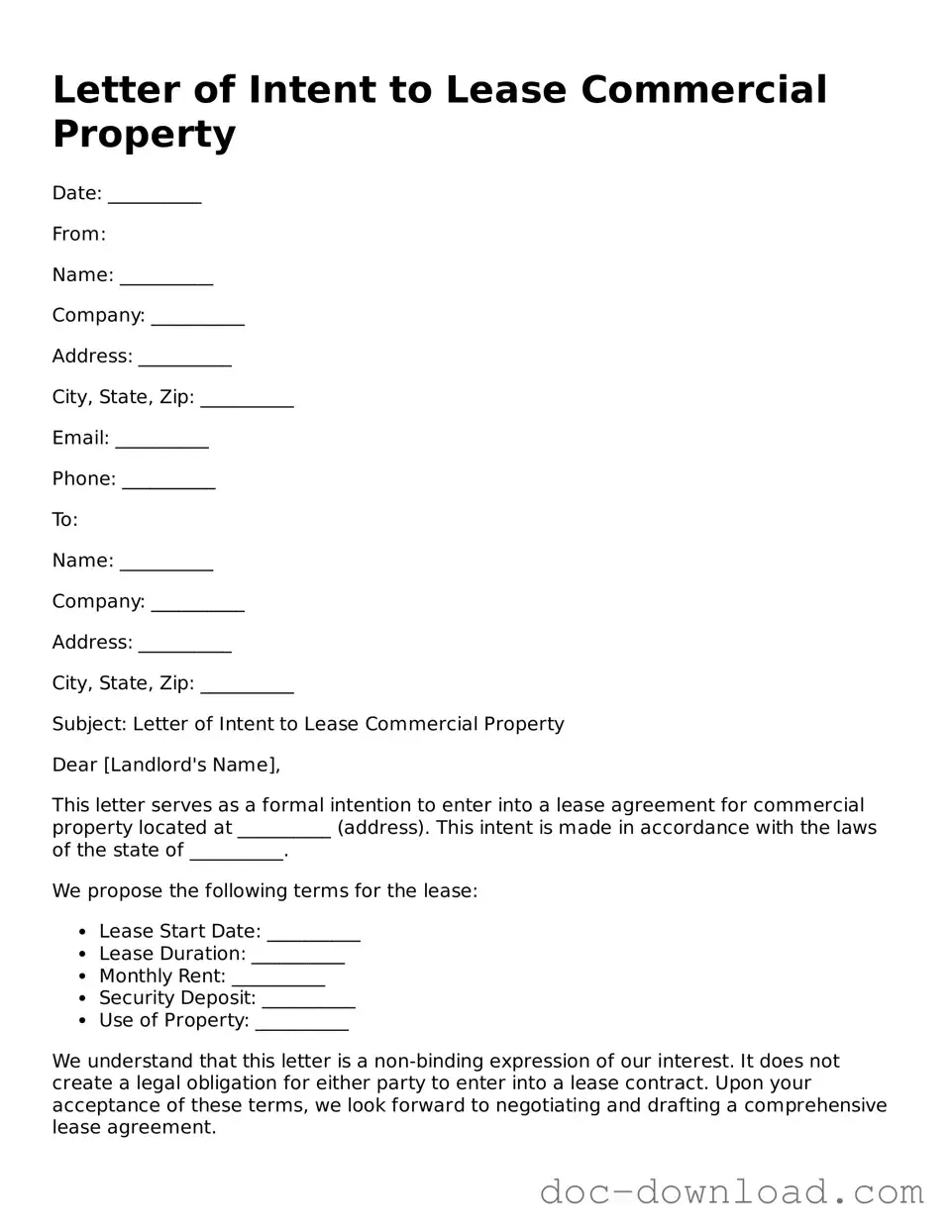 Printable Letter of Intent to Lease Commercial Property Template