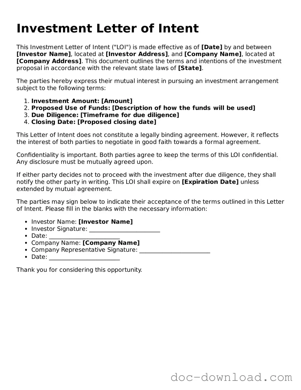 Printable Investment Letter of Intent Template