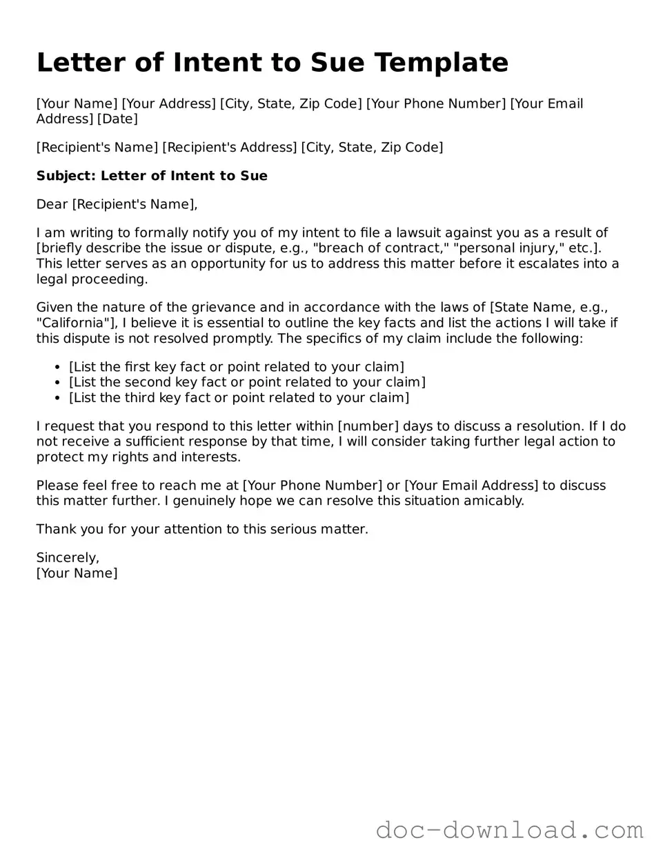 Printable Letter of Intent to Sue Template